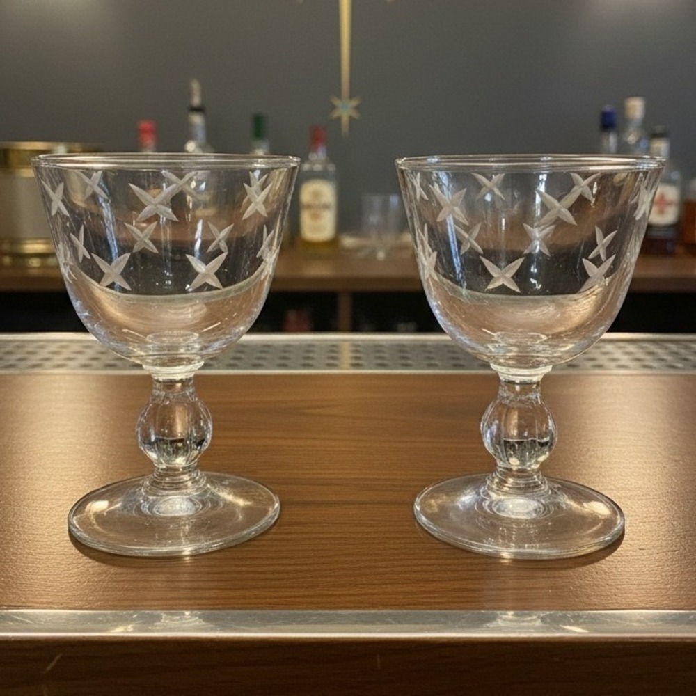 Libbey Atomic Starburst Champagne Coupes, Set of 2, Vintage Mid-Century Stemware